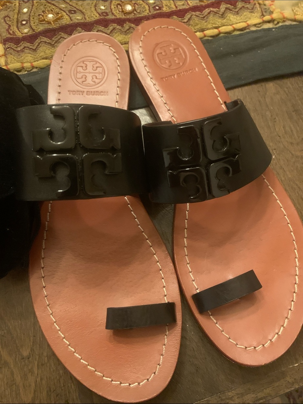 Tory Burch Black Patent Logo Toe-Ring Slide Sandals. Used 2 times